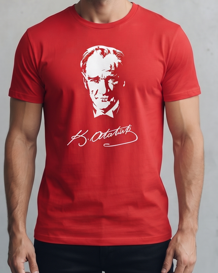 Mustafa Kemal Atatürk Baskılı ve İmzalı Kırmızı Tişört