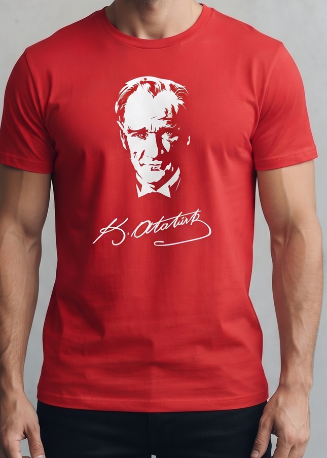 Mustafa Kemal Atatürk Baskılı ve İmzalı Kırmızı Tişört